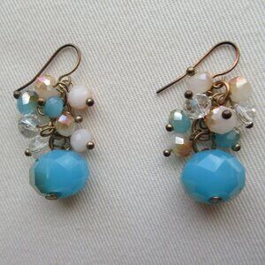 Blue Iridescent & Gold Dangle Cluster Drop Earrings Beads Beaded